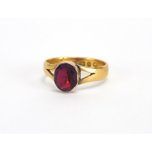 743 - Victorian 22ct gold garnet solitaire ring, size M, approximate weight 3.0g