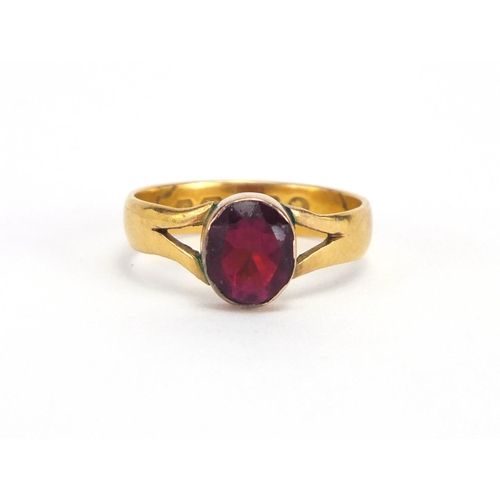 743 - Victorian 22ct gold garnet solitaire ring, size M, approximate weight 3.0g