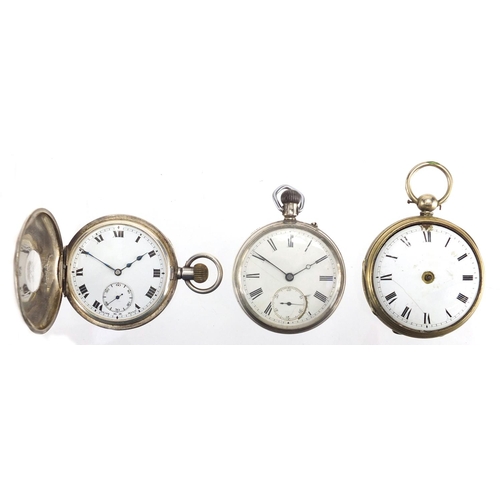 844 - Three pocket watches including silver half hunter, silver open face, one with fusee movement and a w... 