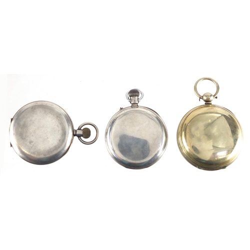 844 - Three pocket watches including silver half hunter, silver open face, one with fusee movement and a w... 