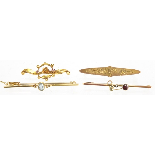 715 - Four Victorian and later gold bar brooches, set with assorted stones including seed pearls and garne... 