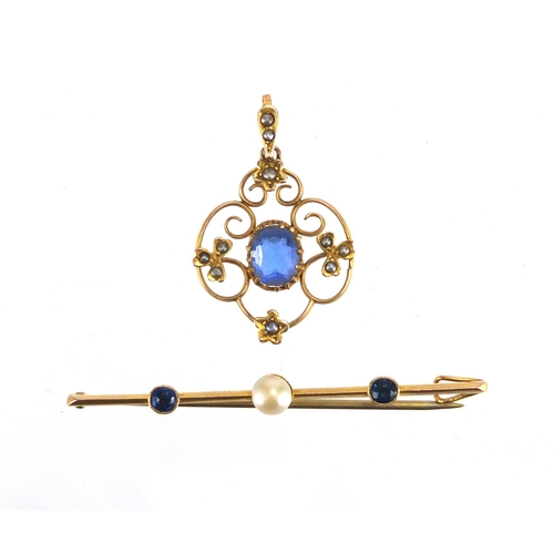 738 - 9ct gold blue stone and Pearl bar brooch, together with a 9ct gold blue stone a Seed Pearl pendant, ... 