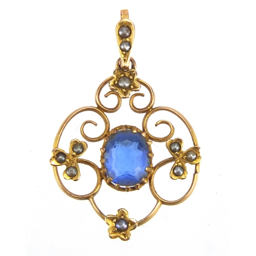 738 - 9ct gold blue stone and Pearl bar brooch, together with a 9ct gold blue stone a Seed Pearl pendant, ... 