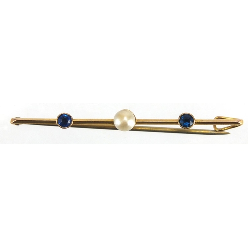 738 - 9ct gold blue stone and Pearl bar brooch, together with a 9ct gold blue stone a Seed Pearl pendant, ... 