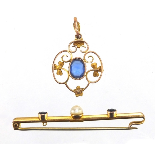 738 - 9ct gold blue stone and Pearl bar brooch, together with a 9ct gold blue stone a Seed Pearl pendant, ... 