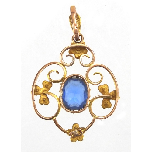 738 - 9ct gold blue stone and Pearl bar brooch, together with a 9ct gold blue stone a Seed Pearl pendant, ... 