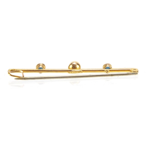 738 - 9ct gold blue stone and Pearl bar brooch, together with a 9ct gold blue stone a Seed Pearl pendant, ... 