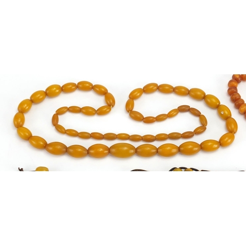 779 - Two amber coloured bead necklaces and a bracelet, the largest 70cm in length, approximate weight 99.... 