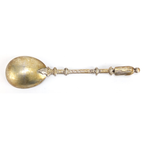 674 - Continental silver coloured metal apostle spoon, indistinct  marks to the bowl, 19.cm in length, app... 