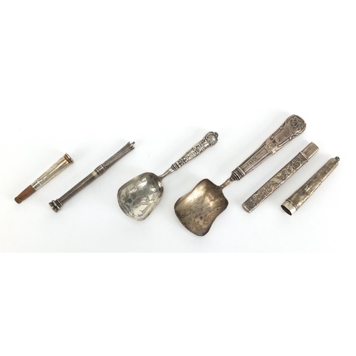 668 - Georgian and later silver objects including caddy spoons, cheroots and propelling pencil, various ha... 