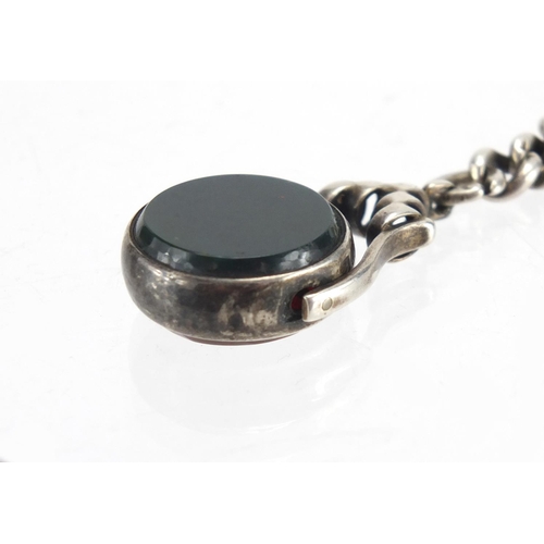 861 - Graduated silver watch chain with bloodstone spinner fob, the chain 30cm in length, approximate weig... 