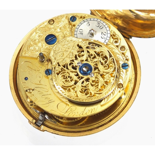 846 - Gentleman's gold plated open face pocket watch, the fusee movement engraved Cha Haley London, 1453, ... 