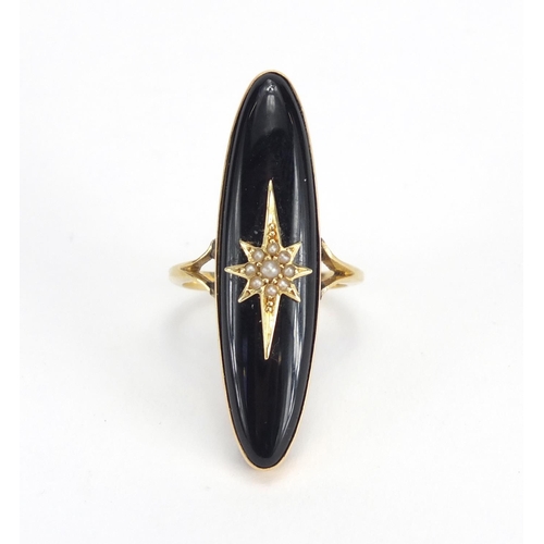 733 - Antique unmarked gold black onyx and seed pearl mourning ring, size N, approximate weight 8.4g