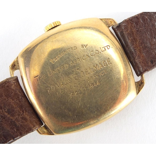 819 - Gentleman's 9ct gold Vertex wristwatch with subsidiary dial, inscription 'Presented by The united Af... 