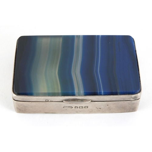 29 - Rectangular silver and blue agate snuff box with hinged lid, D & Bs Birmingham 1946, 7cm in length