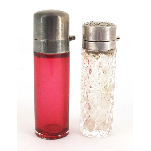42 - Victorian Cranberry glass silver topped scent bottle with silver lid and one other, hallmarked Birmi... 