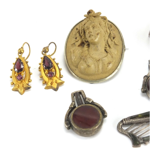 765 - Antique and later jewellery including a Scottish Agate and hardstone bracelet, pair of gilt metal Ga... 