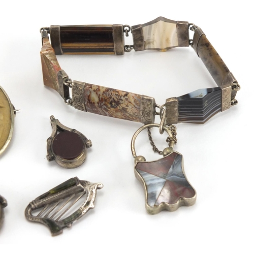 765 - Antique and later jewellery including a Scottish Agate and hardstone bracelet, pair of gilt metal Ga... 