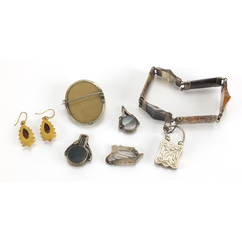 765 - Antique and later jewellery including a Scottish Agate and hardstone bracelet, pair of gilt metal Ga... 