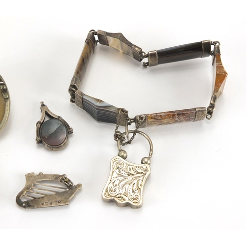 765 - Antique and later jewellery including a Scottish Agate and hardstone bracelet, pair of gilt metal Ga... 