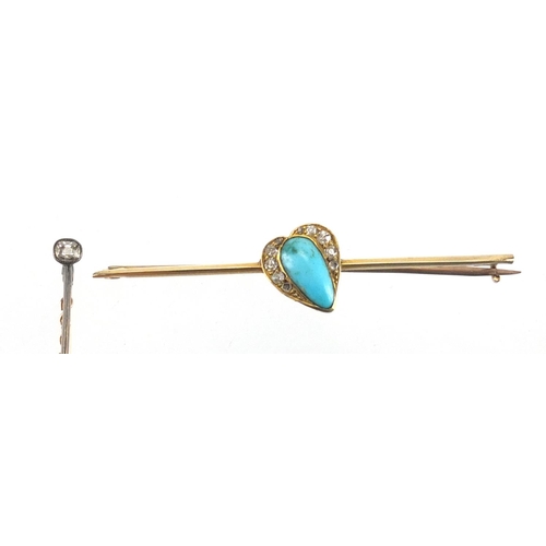 728 - Victorian unmarked Turquoise and Diamond bar brooch, and a Diamond solitaire tie pin, the brooch 6cm... 