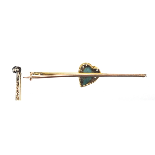 728 - Victorian unmarked Turquoise and Diamond bar brooch, and a Diamond solitaire tie pin, the brooch 6cm... 