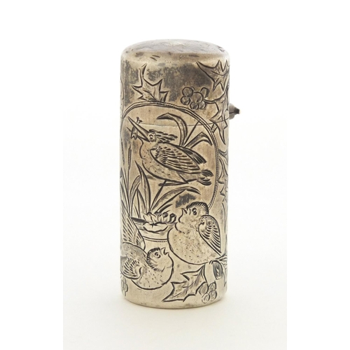 37 - Victorian silver scent bottle by Sampson Mordan & Co, engraved with birds and flowers, London 1883, ... 