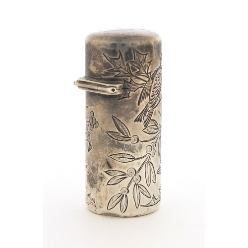37 - Victorian silver scent bottle by Sampson Mordan & Co, engraved with birds and flowers, London 1883, ... 