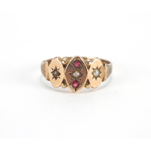 741 - Victorian 9ct gold ruby and seed pearl ring, Birmingham 1901, size L, approximate weight 1.6g