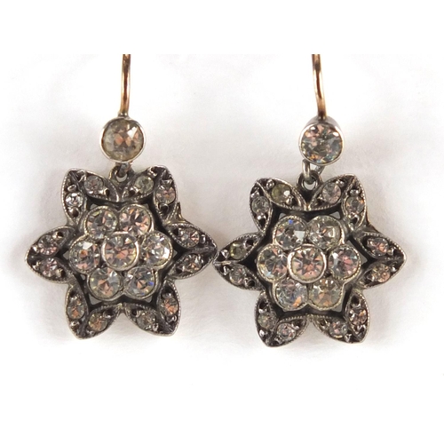 755 - Antique gold and silver butterfly brooch and flower head earrings, set with colourful glass stones, ... 