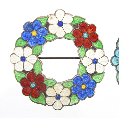 621 - Two silver and guilloche enamel floral brooches by Alfred Horatio Darby, both hallmarked Birmingham ... 