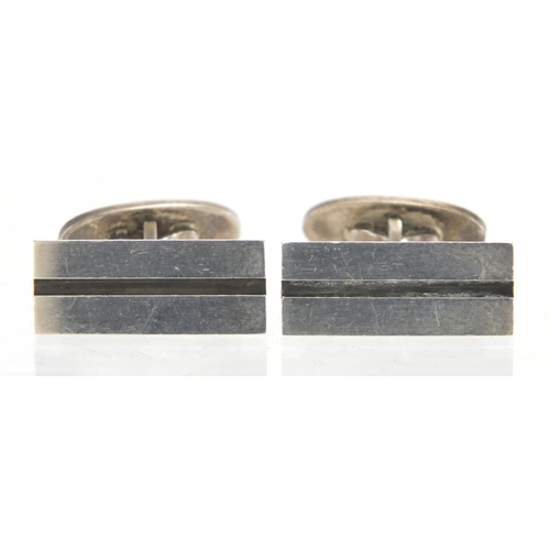 624 - Pair of Modernist Danish 925 silver cuff links by George Jensen, with fitted silk lined box, each cu... 