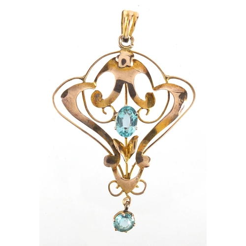 752 - Art Nouveau 9ct pendant, set with blue stones, 5cm in length, approximate weight 1.7g