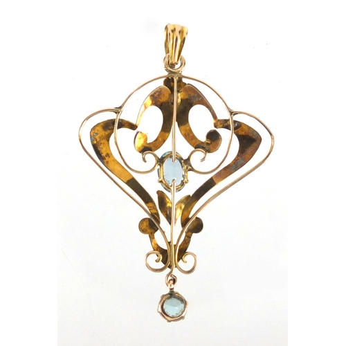 752 - Art Nouveau 9ct pendant, set with blue stones, 5cm in length, approximate weight 1.7g