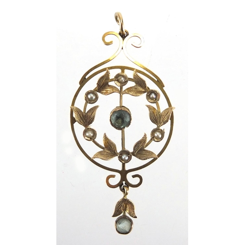 712 - Art Nouveau 9ct gold pendant set with seed pearls and blue stones, 4cm in length, approximate weight... 