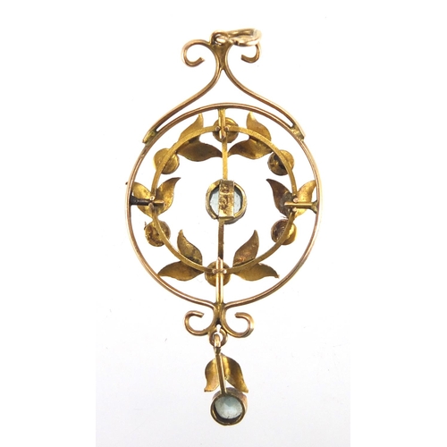 712 - Art Nouveau 9ct gold pendant set with seed pearls and blue stones, 4cm in length, approximate weight... 