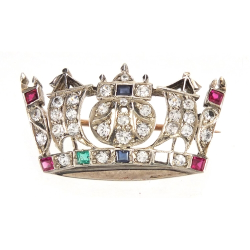 763 - Antique gold and silver crown brooch, set with colourful glass stones, 3.5cm in length, housed in a ... 