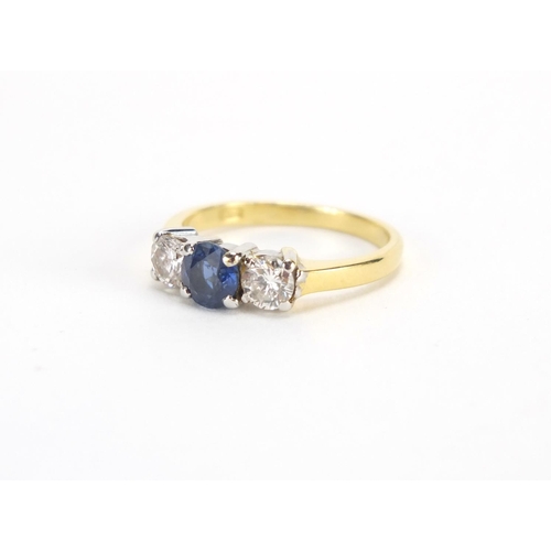 708 - 18ct gold Sapphire and Diamond three stone ring, size J, approximate weight 3.1g