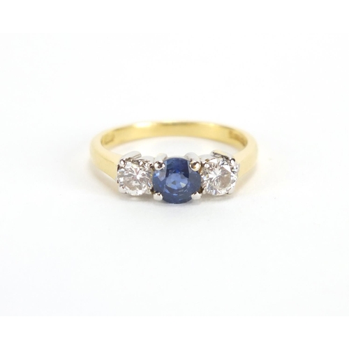 708 - 18ct gold Sapphire and Diamond three stone ring, size J, approximate weight 3.1g