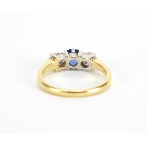 708 - 18ct gold Sapphire and Diamond three stone ring, size J, approximate weight 3.1g