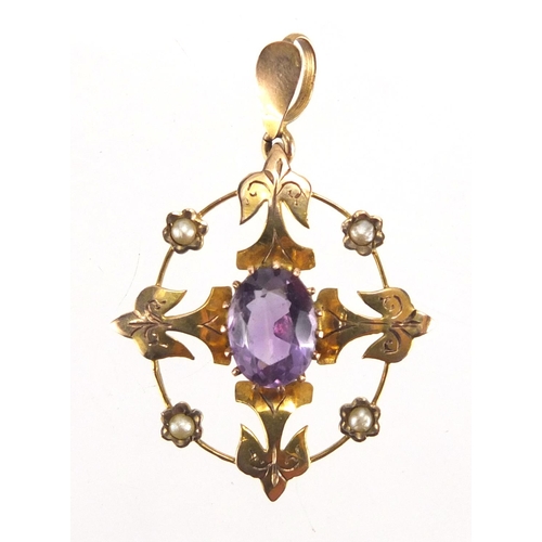 769 - Art Nouveau 9ct gold pendant set with methyst and eed pearls, 3.5cm in length, approximate weight 1.... 