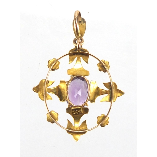 769 - Art Nouveau 9ct gold pendant set with methyst and eed pearls, 3.5cm in length, approximate weight 1.... 