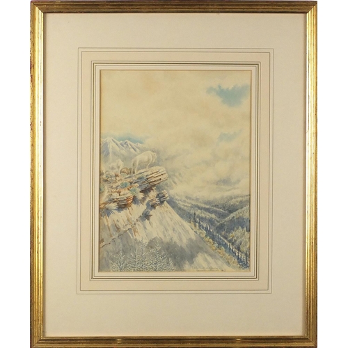 1122 - Charles Warburton Young 1915 - Snow covered forest with mountain goats, watercolour on card, mounted... 