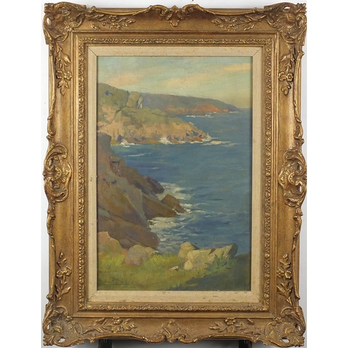 871 - Lionel Birch - Rocky coastal scene, oil on canvas, mounted and framed, 44cm x 28cm