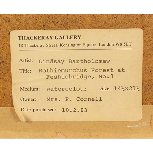 998 - Lindsay Bartholomew - Rothiemurchus Forest at Feshiebridge, watercolour, Thackeray Gallery label ver... 