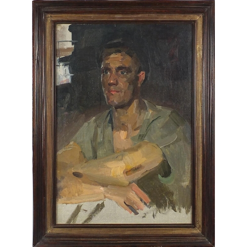 881 - Mikhail Trufanov (Russian 1921-1988) - Portrait of a worker, oil on canvas, inscribed labels verso, ... 