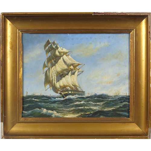 1076 - Ships in a choppy sea, oil on board, bearing an inscription Ships in a Choppy Sea W Jackson verso, f... 