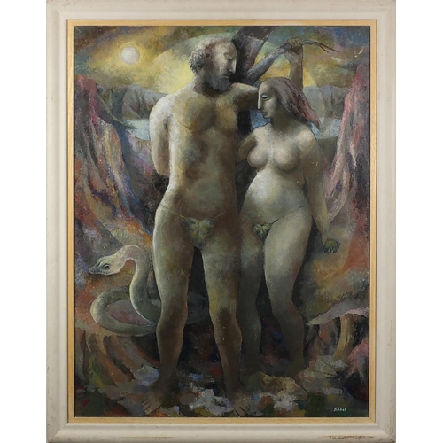 1087 - Christine Nisbet - Adam and Eve, titled Wilderness, oil on canvas, label verso, mounted and framed, ... 