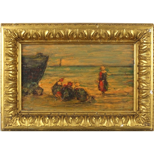 879 - Figures looking out to sea, beach scene, oil on wood panel, bearing an indistinct signature Jsoudin?... 