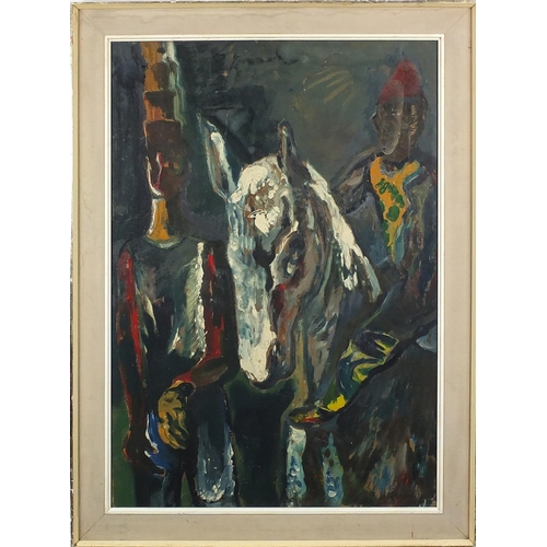 1090 - Two figures and a horse, impressionist oil on board, bearing an indistinct signature to the lower ri... 